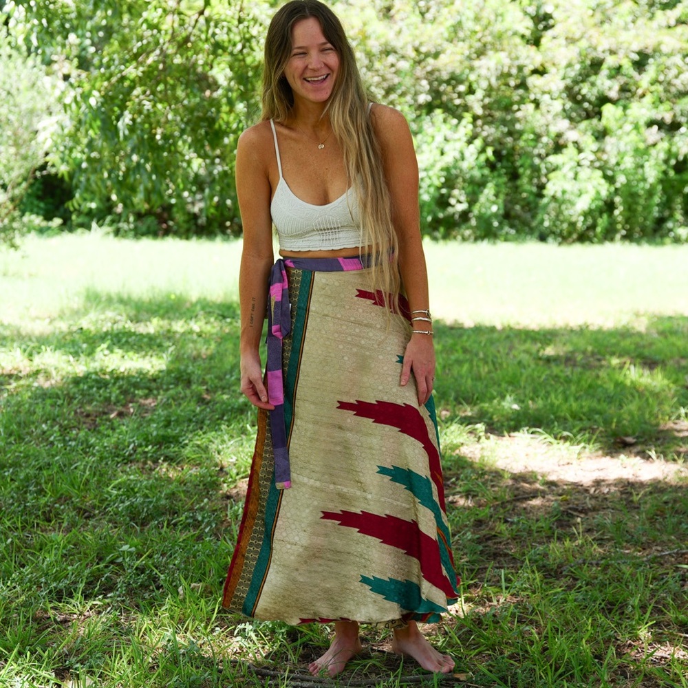 Reversible Silk Sari Wrap Skirt – Tan, Teal & Burgundy Boho Maxi